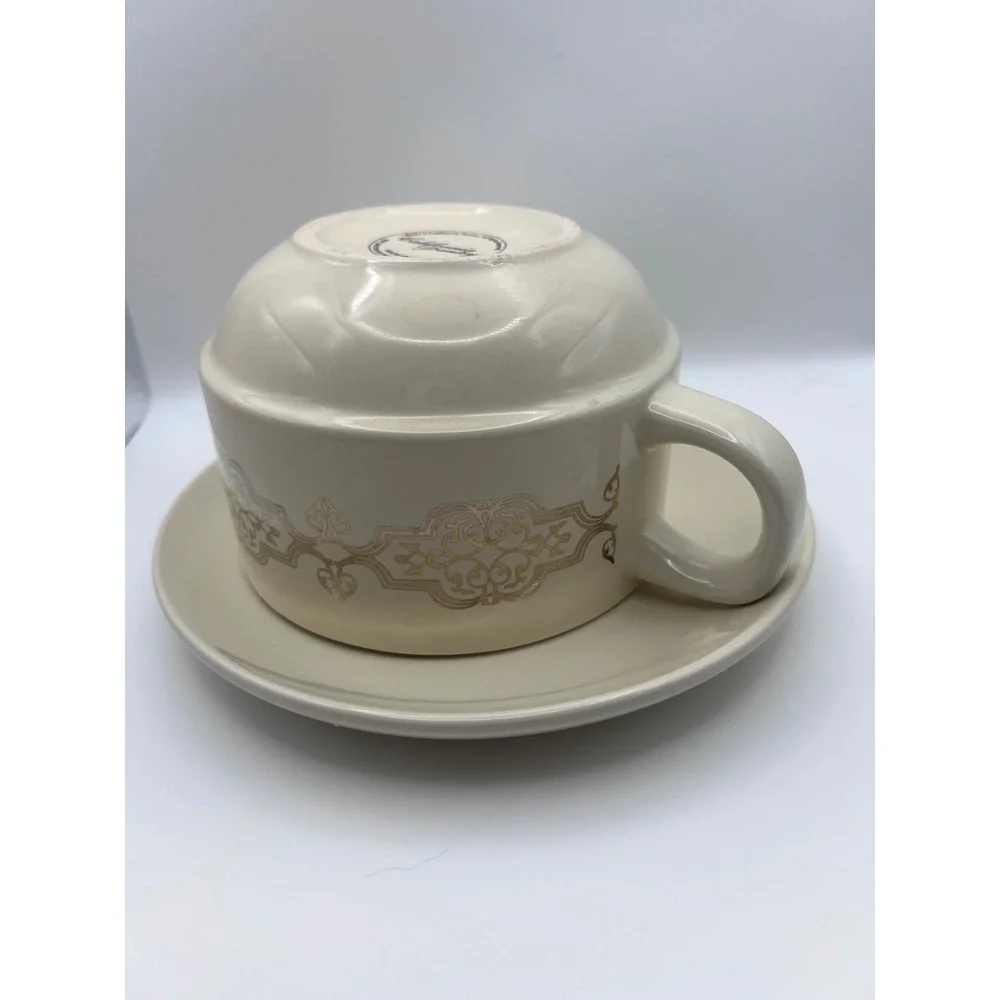 California Pantry Cream Gold Damask Oversized Cup and Saucer Set 2012 Ceramic